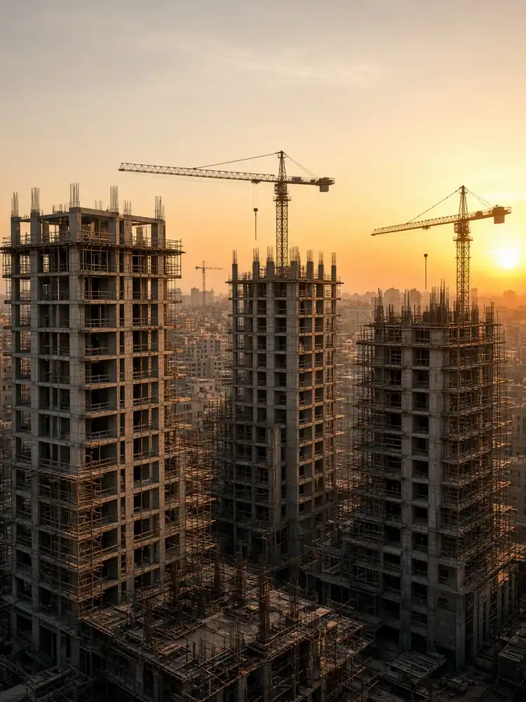 Modern residential towers under construction at golden hour