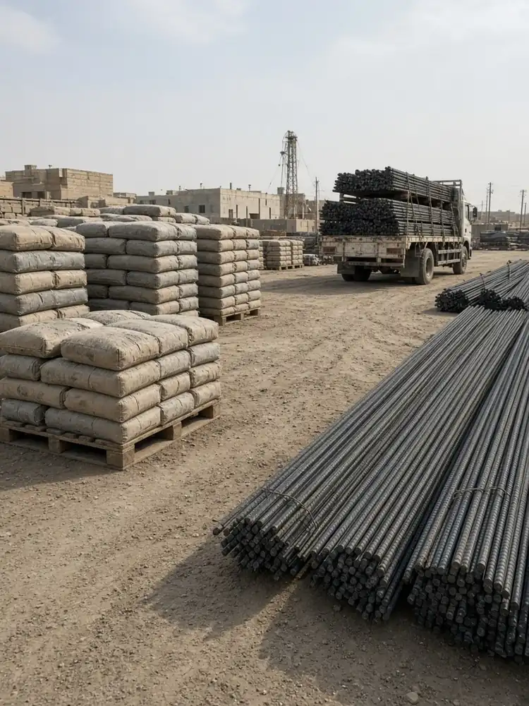 Wide view of a cement and rebar yard with stacked materials and a delivery truck