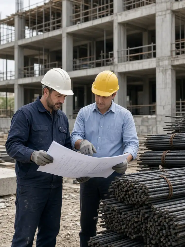Engineers in hard hats reviewing plans beside steel rebar on site